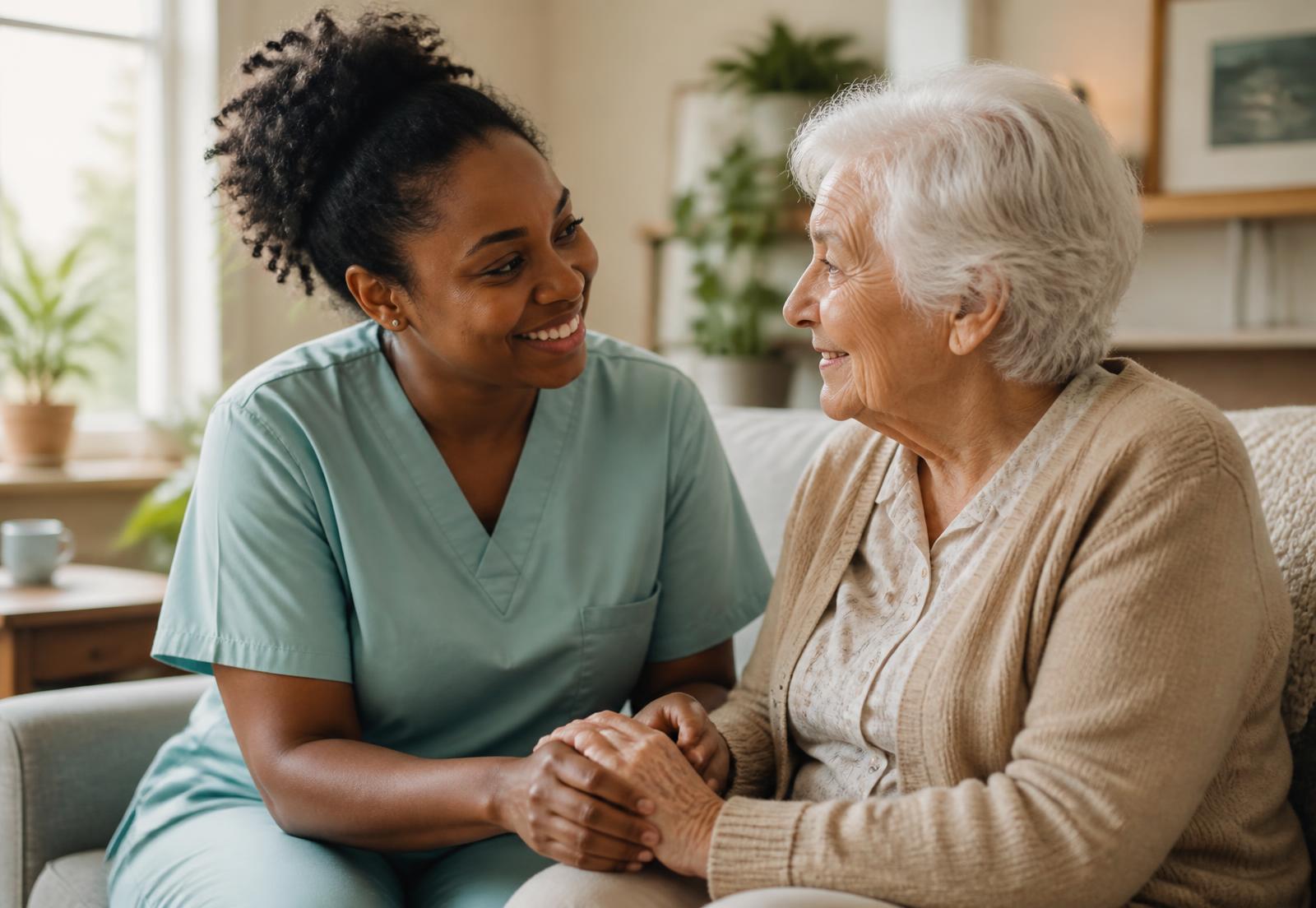 Home caregiver holding hands with a smiling senior client in a sunlit living room